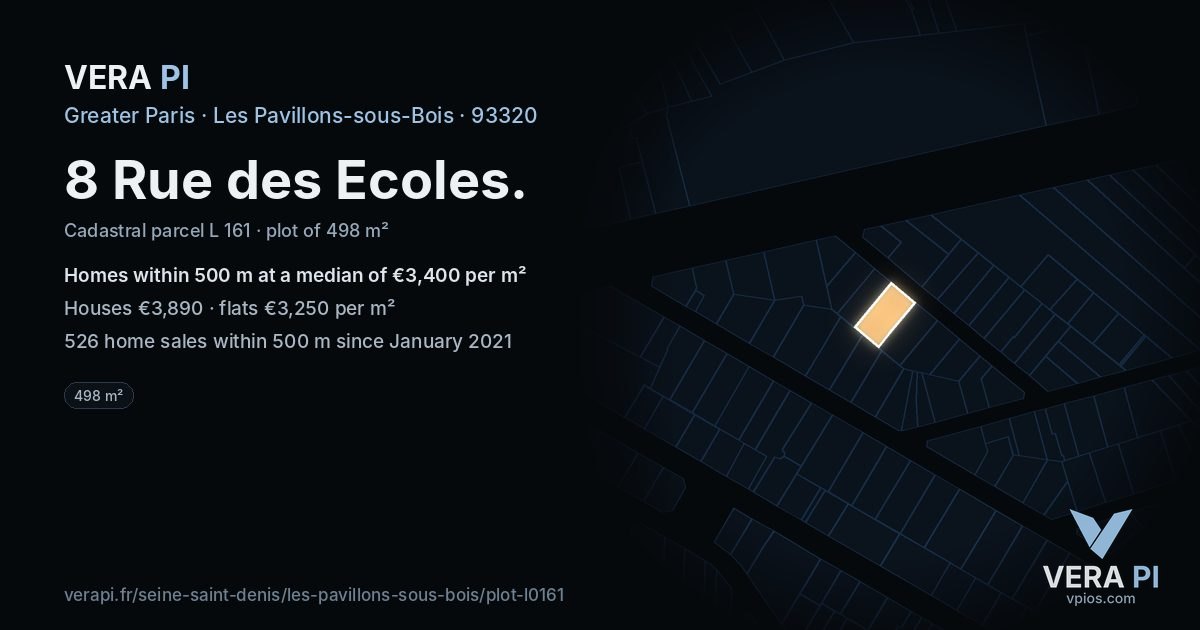 8 Rue des Ecoles, Les Pavillons-sous-Bois at night – the plot lit, the parcels around coloured by the prices near them