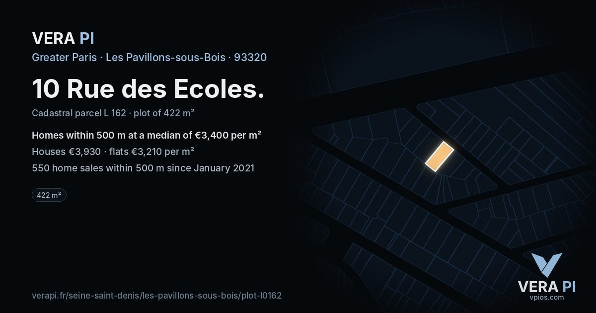 10 Rue des Ecoles, Les Pavillons-sous-Bois at night – the plot lit, the parcels around coloured by the prices near them