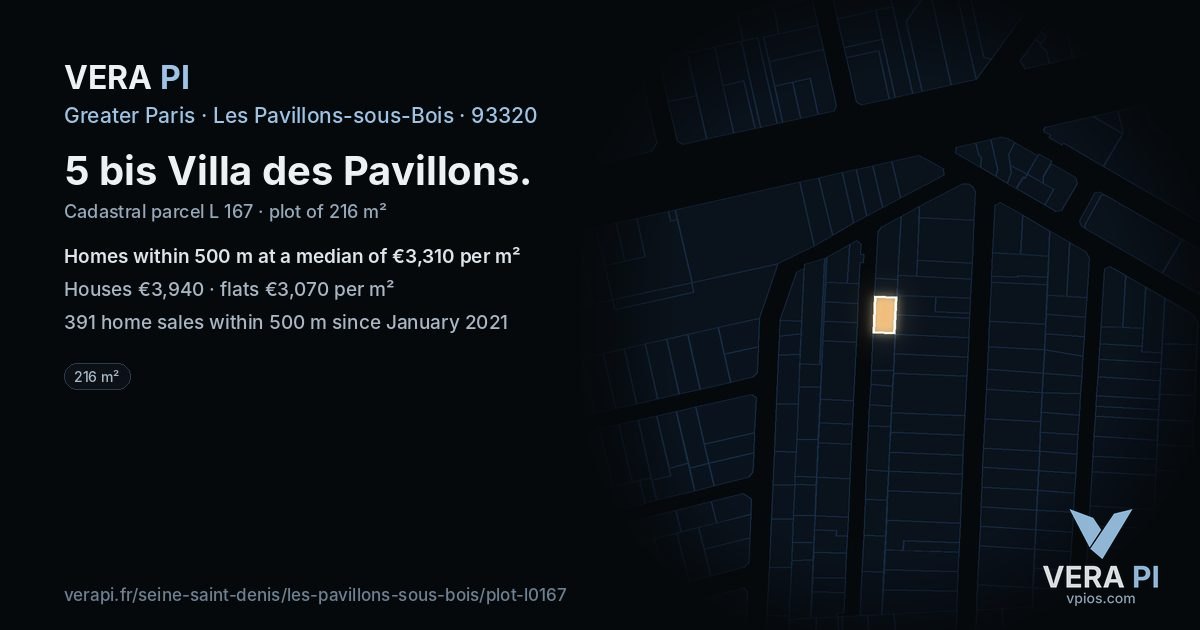 5 bis Villa des Pavillons, Les Pavillons-sous-Bois at night – the plot lit, the parcels around coloured by the prices near them