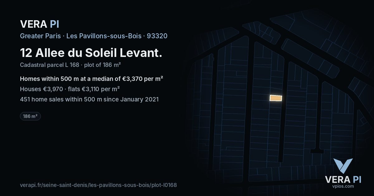 12 Allee du Soleil Levant, Les Pavillons-sous-Bois at night – the plot lit, the parcels around coloured by the prices near them