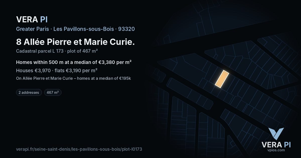 8 Allée Pierre et Marie Curie, Les Pavillons-sous-Bois at night – the plot lit, the parcels around coloured by the prices near them