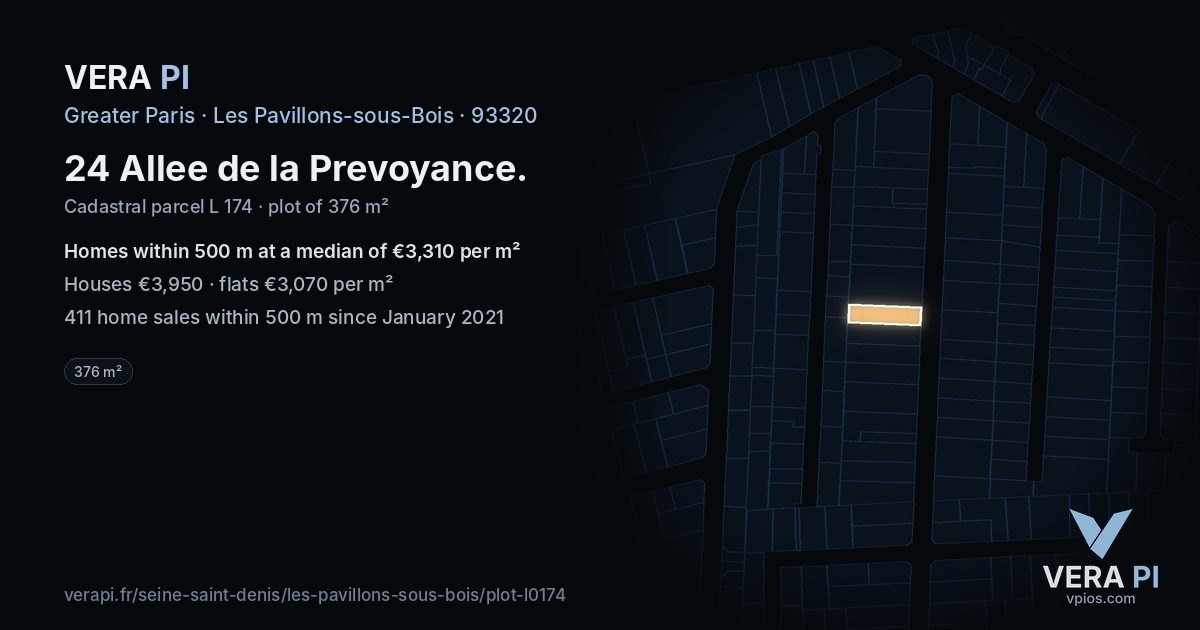 24 Allee de la Prevoyance, Les Pavillons-sous-Bois at night – the plot lit, the parcels around coloured by the prices near them