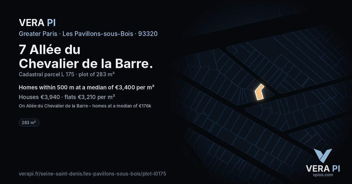 7 Allée du Chevalier de la Barre, Les Pavillons-sous-Bois at night – the plot lit, the parcels around coloured by the prices near them