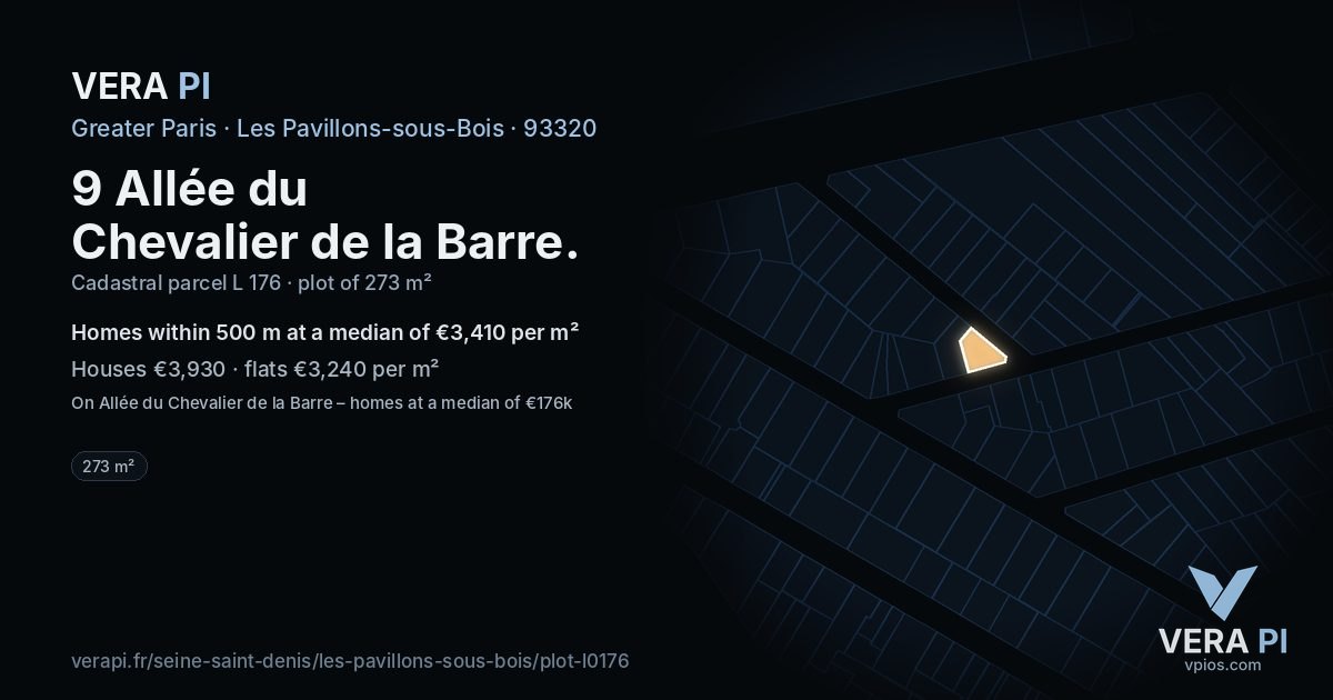 9 Allée du Chevalier de la Barre, Les Pavillons-sous-Bois at night – the plot lit, the parcels around coloured by the prices near them