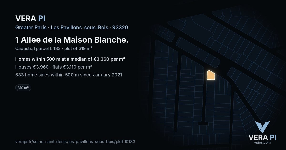 1 Allee de la Maison Blanche, Les Pavillons-sous-Bois at night – the plot lit, the parcels around coloured by the prices near them