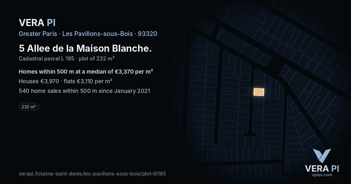 5 Allee de la Maison Blanche, Les Pavillons-sous-Bois at night – the plot lit, the parcels around coloured by the prices near them