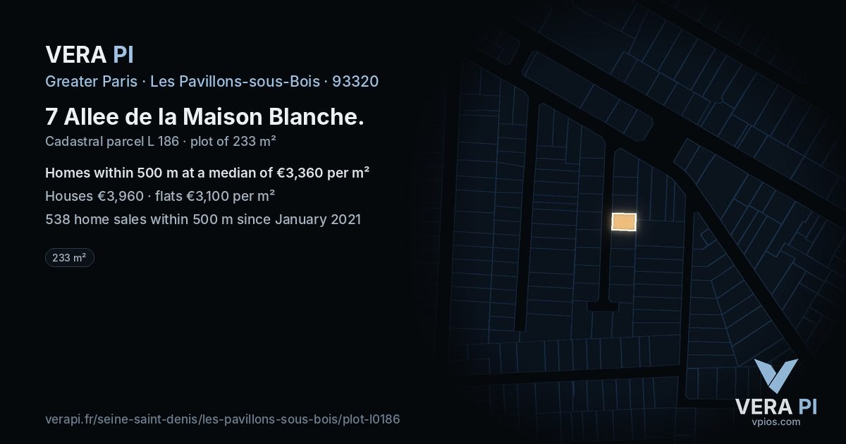 7 Allee de la Maison Blanche, Les Pavillons-sous-Bois at night – the plot lit, the parcels around coloured by the prices near them