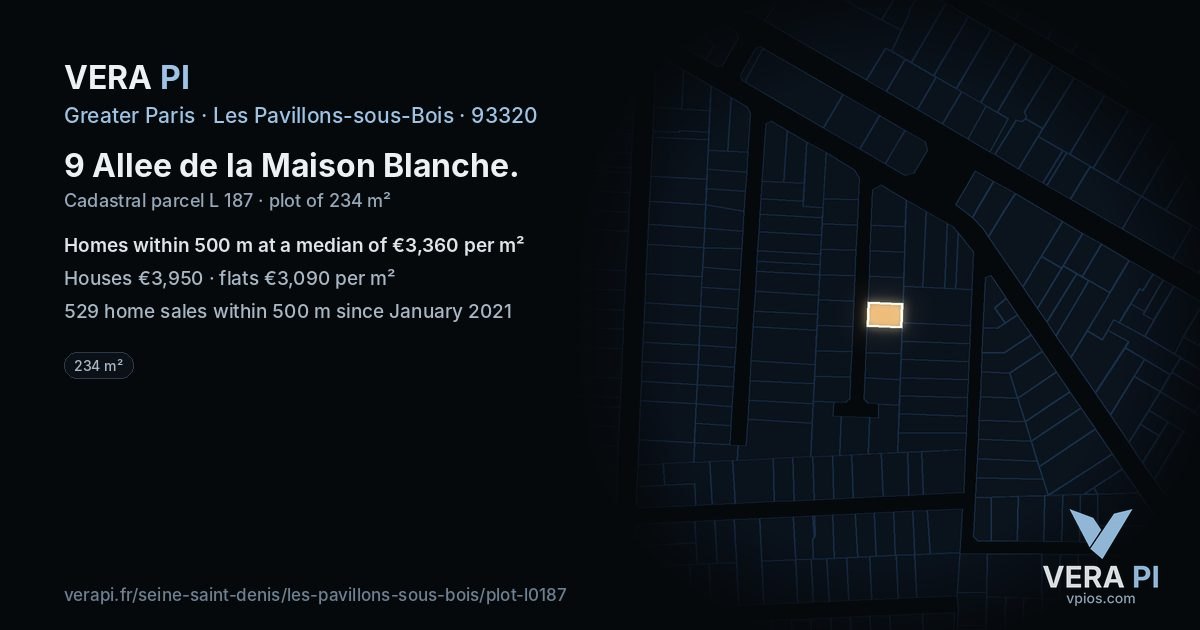 9 Allee de la Maison Blanche, Les Pavillons-sous-Bois at night – the plot lit, the parcels around coloured by the prices near them