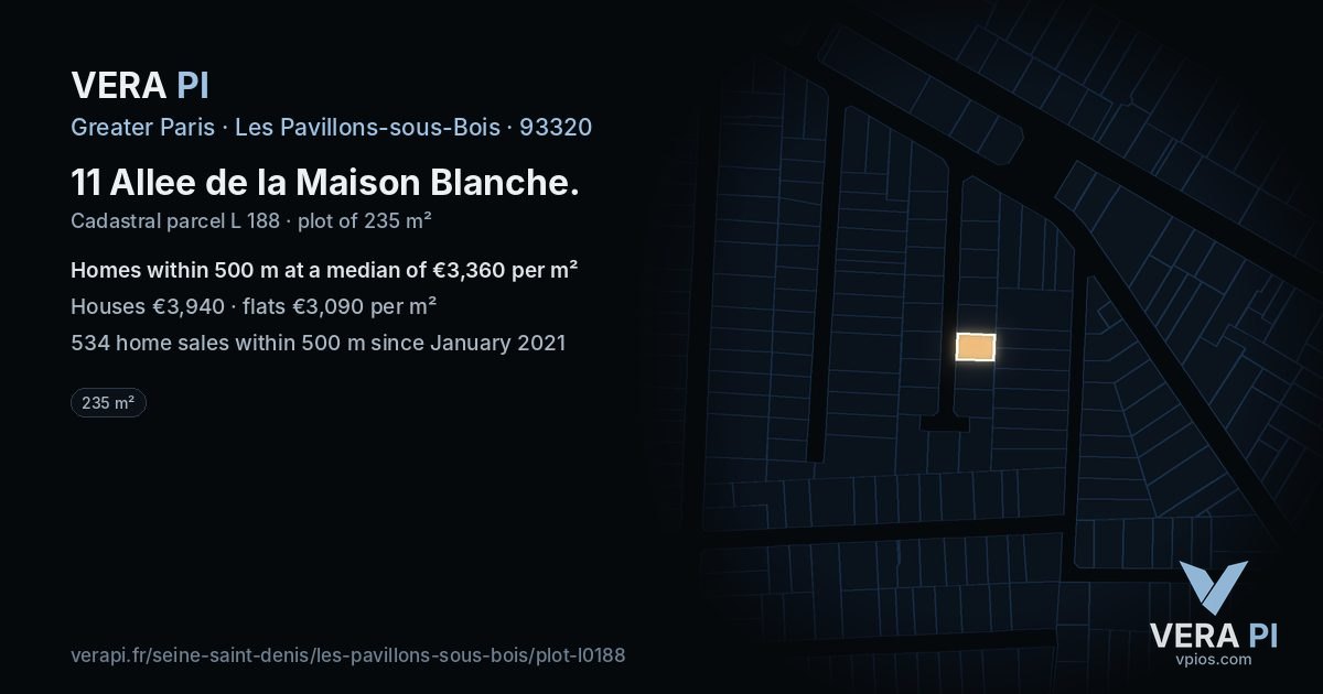 11 Allee de la Maison Blanche, Les Pavillons-sous-Bois at night – the plot lit, the parcels around coloured by the prices near them