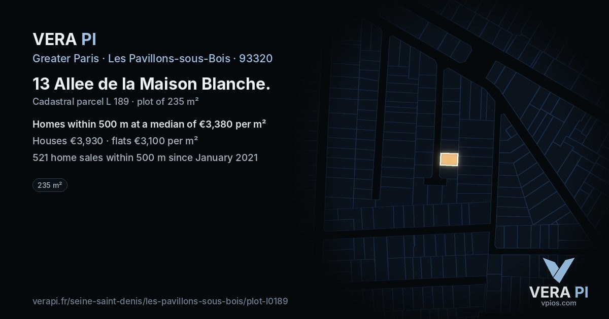 13 Allee de la Maison Blanche, Les Pavillons-sous-Bois at night – the plot lit, the parcels around coloured by the prices near them