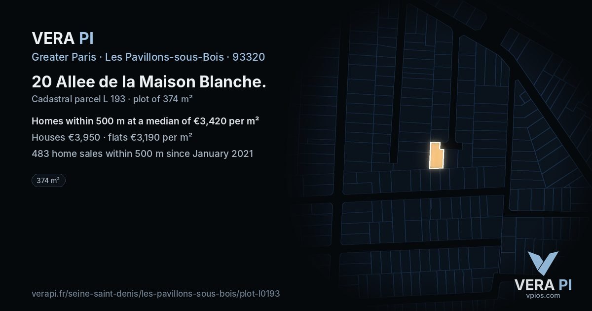 20 Allee de la Maison Blanche, Les Pavillons-sous-Bois at night – the plot lit, the parcels around coloured by the prices near them