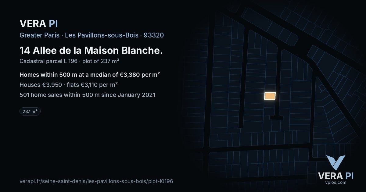 14 Allee de la Maison Blanche, Les Pavillons-sous-Bois at night – the plot lit, the parcels around coloured by the prices near them