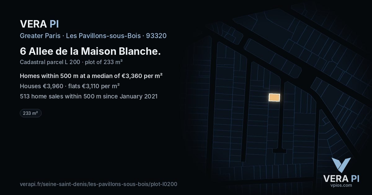 6 Allee de la Maison Blanche, Les Pavillons-sous-Bois at night – the plot lit, the parcels around coloured by the prices near them