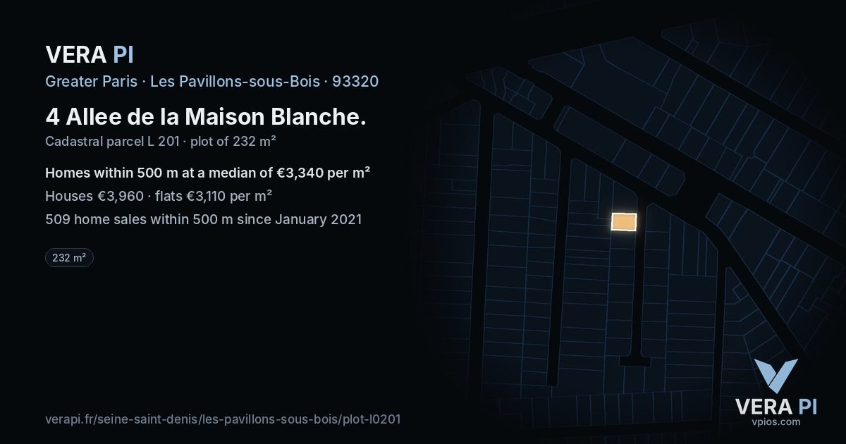 4 Allee de la Maison Blanche, Les Pavillons-sous-Bois at night – the plot lit, the parcels around coloured by the prices near them