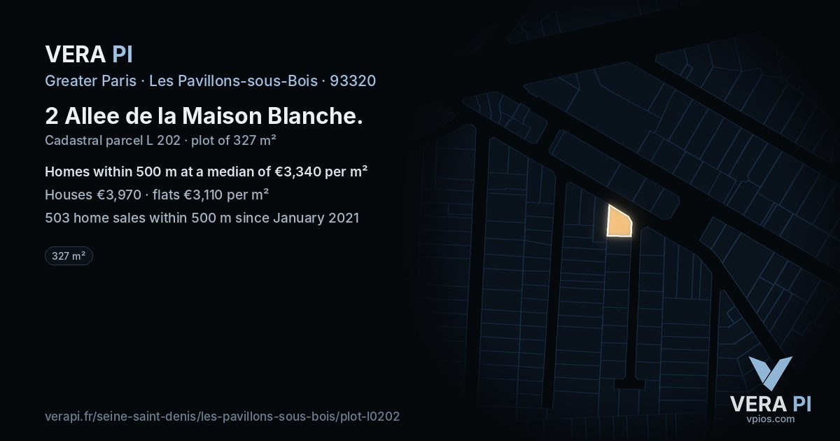 2 Allee de la Maison Blanche, Les Pavillons-sous-Bois at night – the plot lit, the parcels around coloured by the prices near them