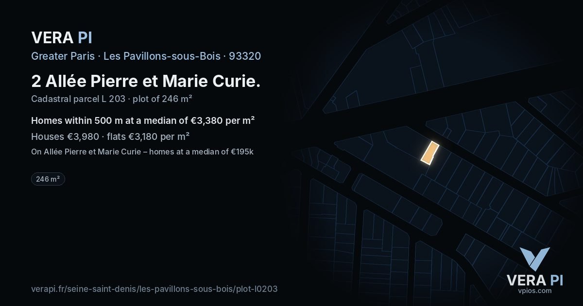 2 Allée Pierre et Marie Curie, Les Pavillons-sous-Bois at night – the plot lit, the parcels around coloured by the prices near them