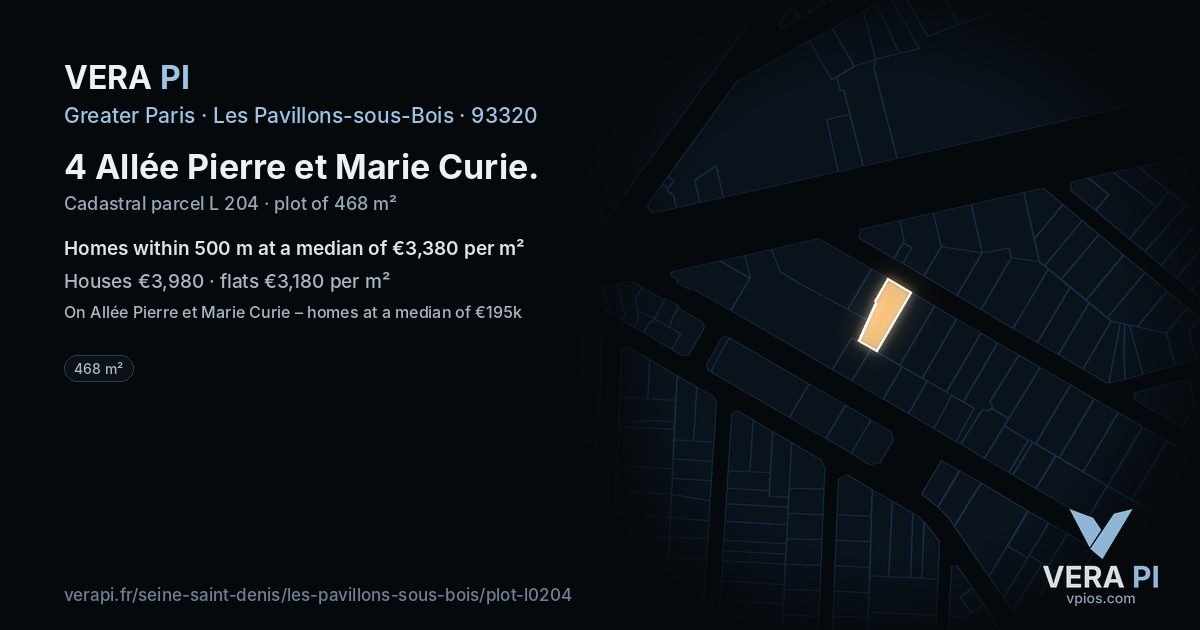 4 Allée Pierre et Marie Curie, Les Pavillons-sous-Bois at night – the plot lit, the parcels around coloured by the prices near them