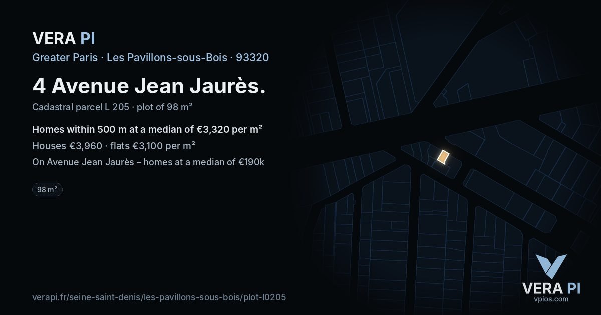 4 Avenue Jean Jaurès, Les Pavillons-sous-Bois at night – the plot lit, the parcels around coloured by the prices near them