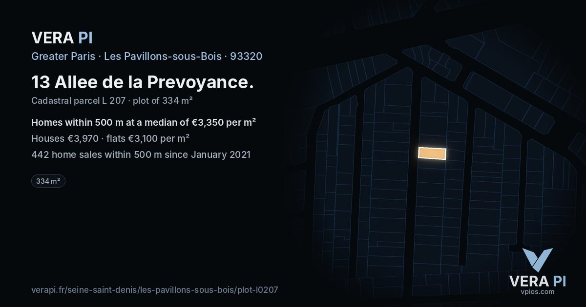 13 Allee de la Prevoyance, Les Pavillons-sous-Bois at night – the plot lit, the parcels around coloured by the prices near them