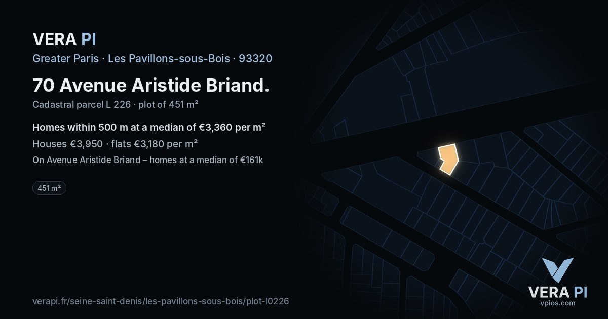70 Avenue Aristide Briand, Les Pavillons-sous-Bois at night – the plot lit, the parcels around coloured by the prices near them