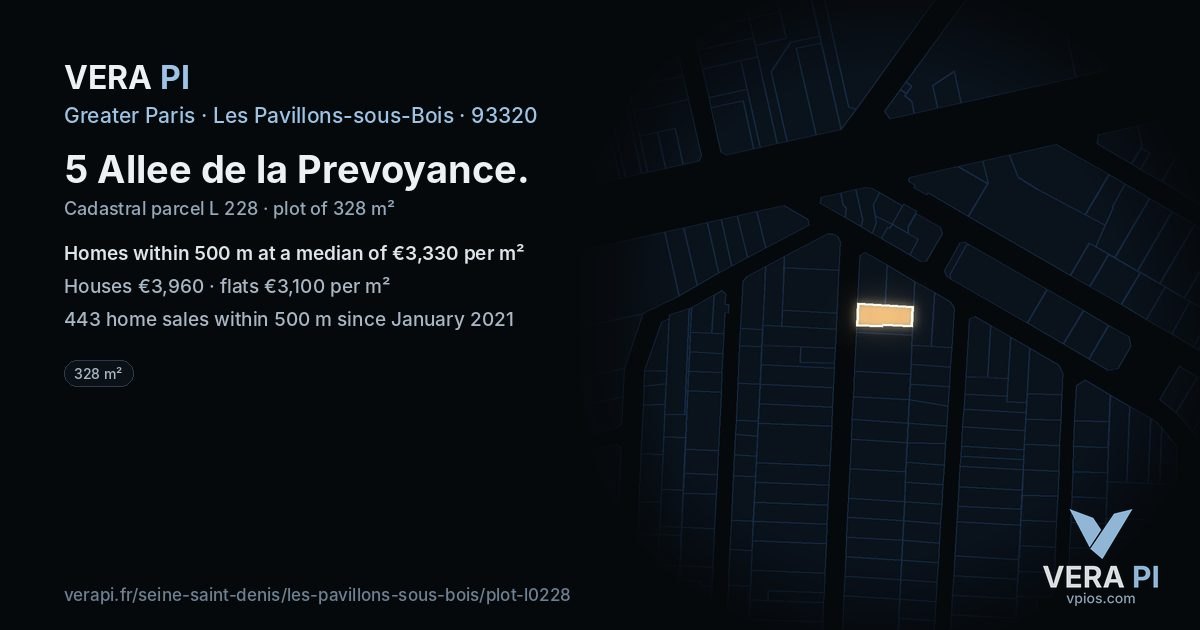 5 Allee de la Prevoyance, Les Pavillons-sous-Bois at night – the plot lit, the parcels around coloured by the prices near them