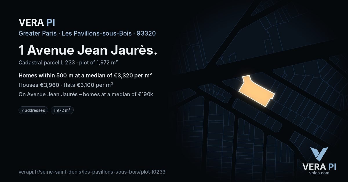 1 Avenue Jean Jaurès, Les Pavillons-sous-Bois at night – the plot lit, the parcels around coloured by the prices near them