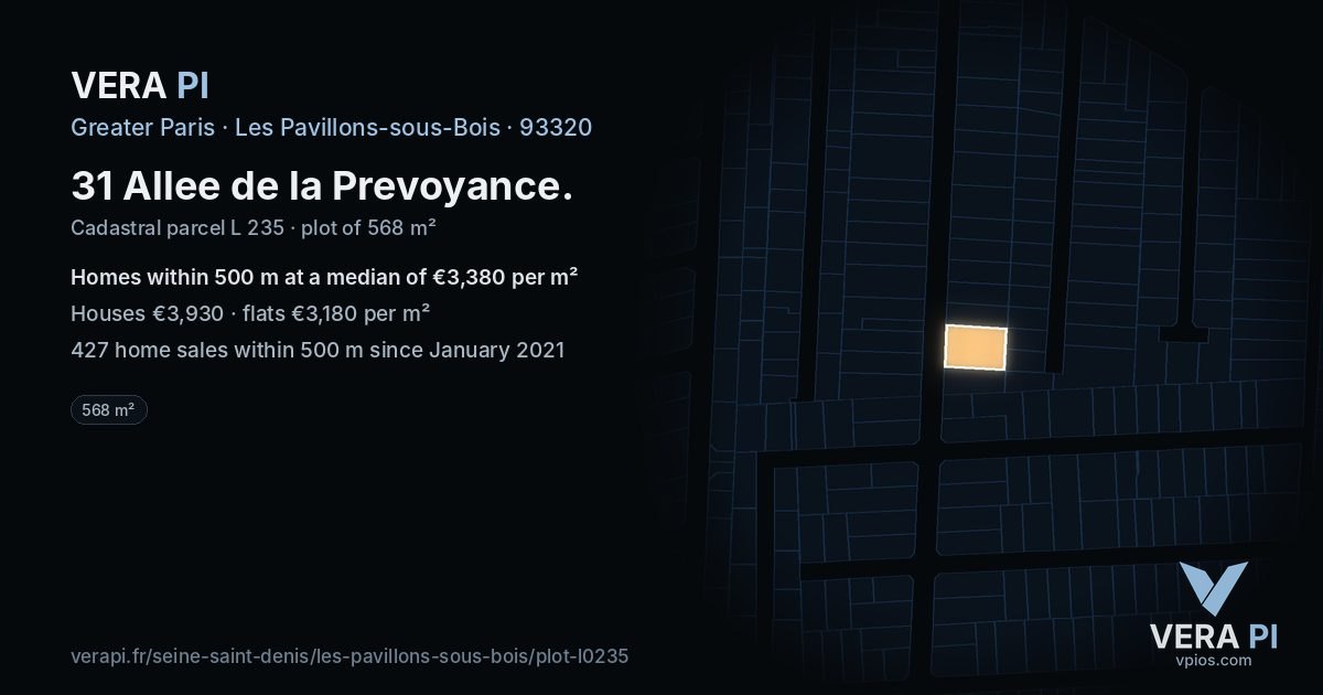 31 Allee de la Prevoyance, Les Pavillons-sous-Bois at night – the plot lit, the parcels around coloured by the prices near them