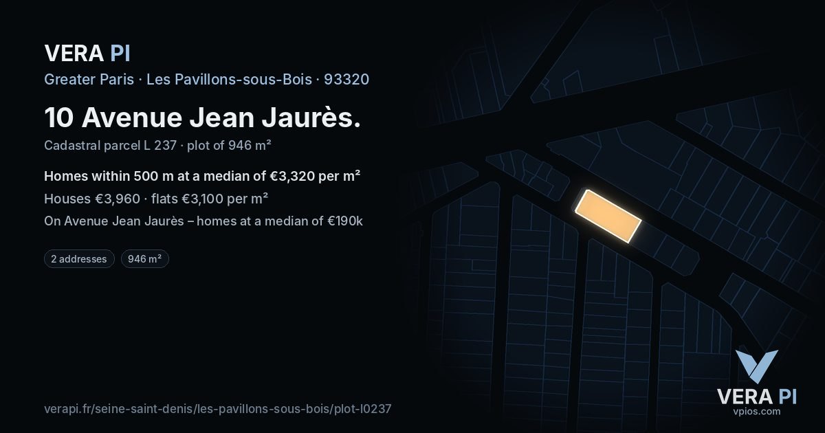 10 Avenue Jean Jaurès, Les Pavillons-sous-Bois at night – the plot lit, the parcels around coloured by the prices near them