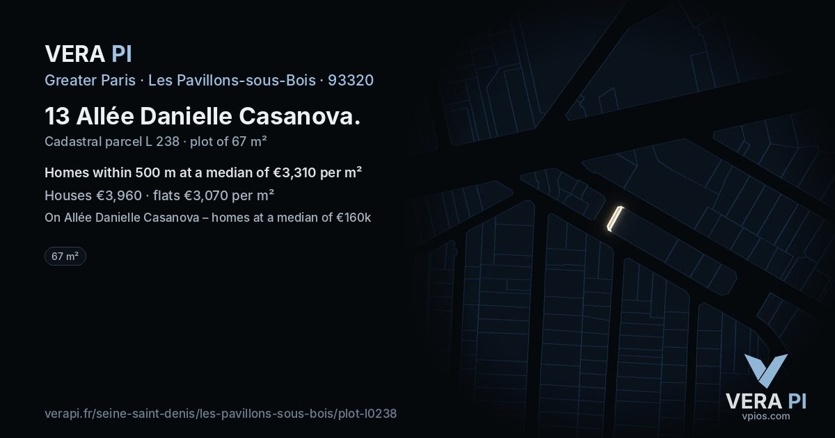 13 Allée Danielle Casanova, Les Pavillons-sous-Bois at night – the plot lit, the parcels around coloured by the prices near them