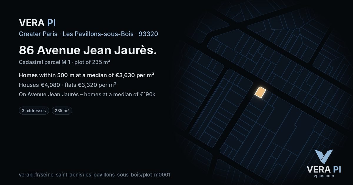 86 Avenue Jean Jaurès, Les Pavillons-sous-Bois at night – the plot lit, the parcels around coloured by the prices near them