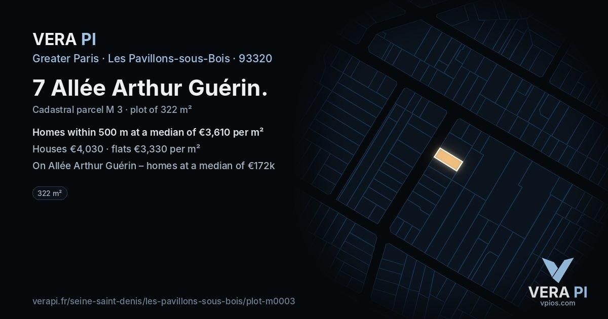 7 Allée Arthur Guérin, Les Pavillons-sous-Bois at night – the plot lit, the parcels around coloured by the prices near them