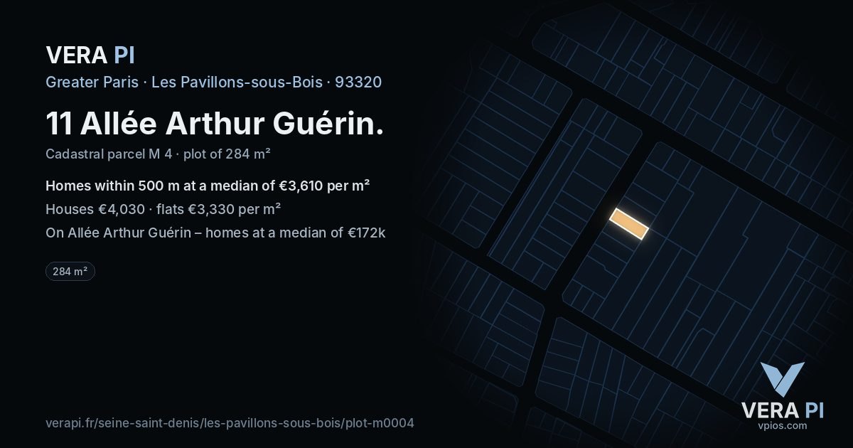 11 Allée Arthur Guérin, Les Pavillons-sous-Bois at night – the plot lit, the parcels around coloured by the prices near them