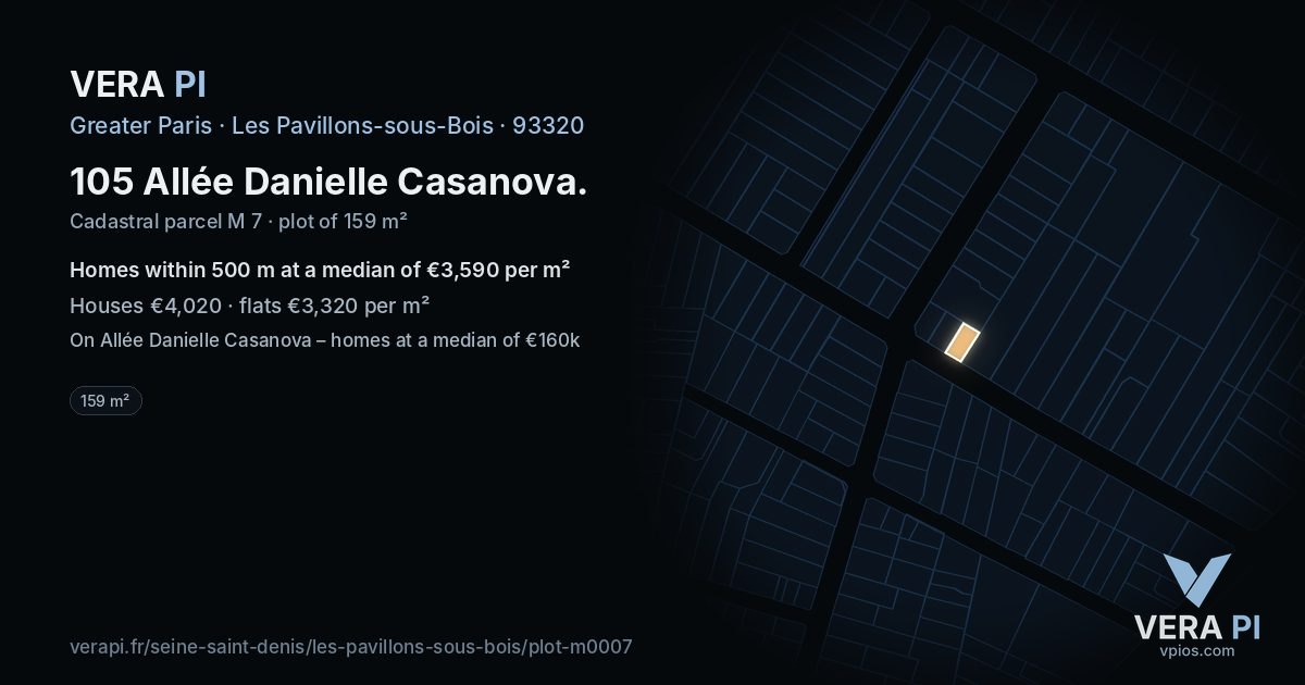 105 Allée Danielle Casanova, Les Pavillons-sous-Bois at night – the plot lit, the parcels around coloured by the prices near them
