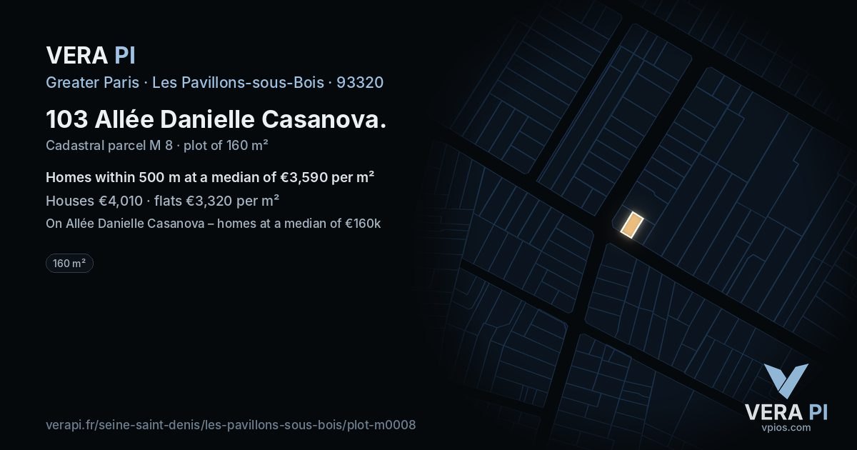 103 Allée Danielle Casanova, Les Pavillons-sous-Bois at night – the plot lit, the parcels around coloured by the prices near them