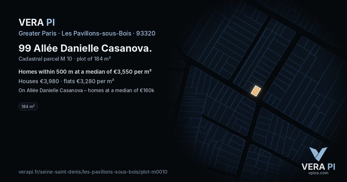 99 Allée Danielle Casanova, Les Pavillons-sous-Bois at night – the plot lit, the parcels around coloured by the prices near them