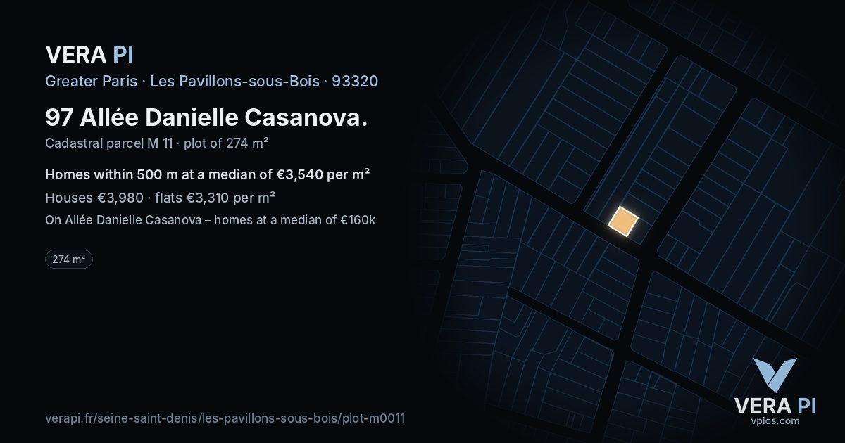 97 Allée Danielle Casanova, Les Pavillons-sous-Bois at night – the plot lit, the parcels around coloured by the prices near them