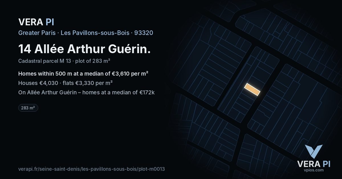 14 Allée Arthur Guérin, Les Pavillons-sous-Bois at night – the plot lit, the parcels around coloured by the prices near them