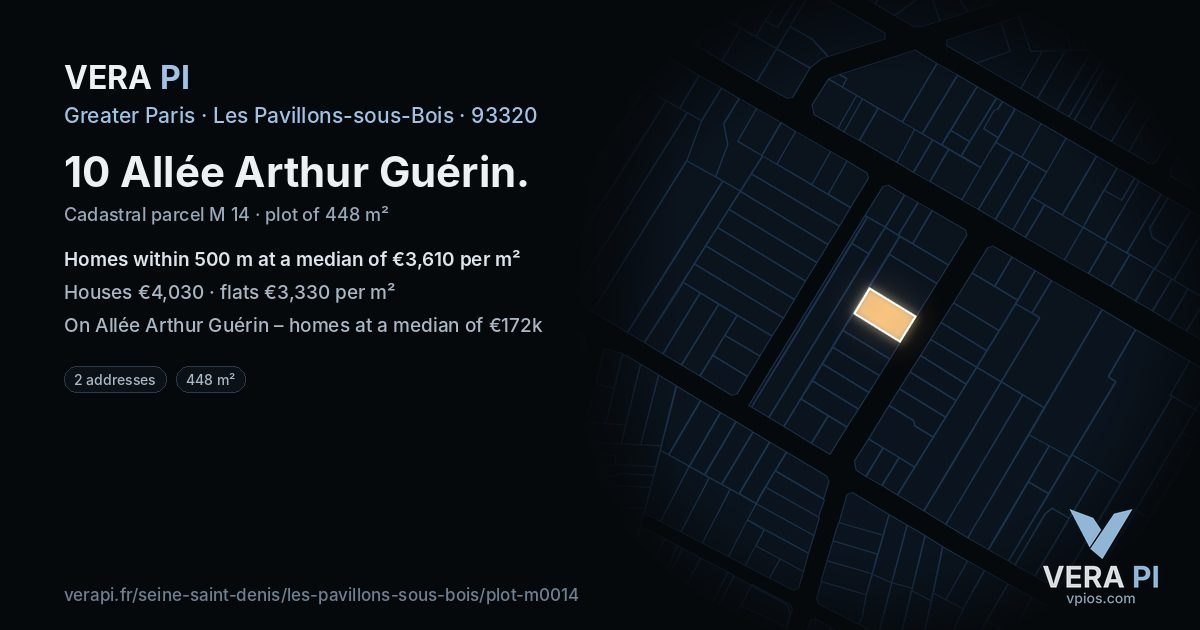 10 Allée Arthur Guérin, Les Pavillons-sous-Bois at night – the plot lit, the parcels around coloured by the prices near them