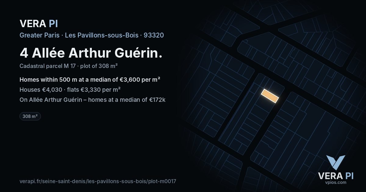 4 Allée Arthur Guérin, Les Pavillons-sous-Bois at night – the plot lit, the parcels around coloured by the prices near them