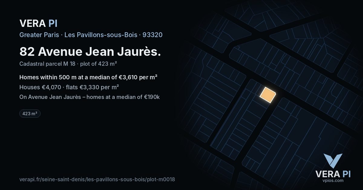 82 Avenue Jean Jaurès, Les Pavillons-sous-Bois at night – the plot lit, the parcels around coloured by the prices near them