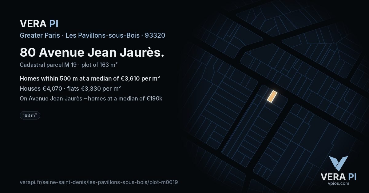 80 Avenue Jean Jaurès, Les Pavillons-sous-Bois at night – the plot lit, the parcels around coloured by the prices near them
