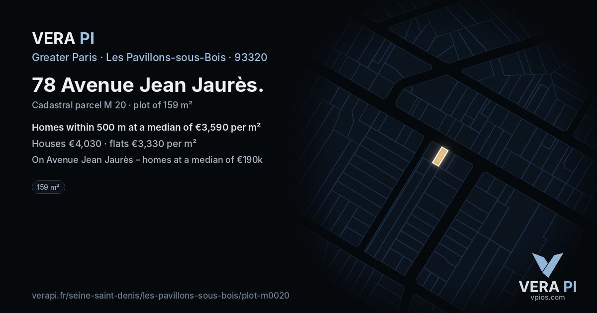 78 Avenue Jean Jaurès, Les Pavillons-sous-Bois at night – the plot lit, the parcels around coloured by the prices near them
