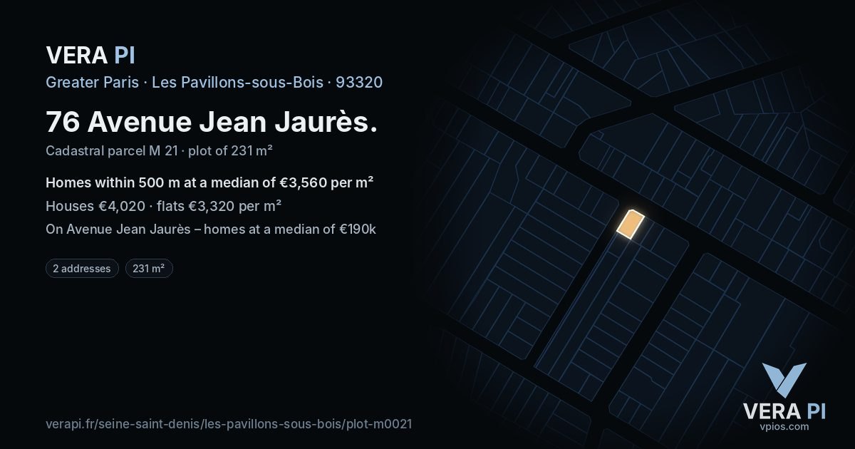 76 Avenue Jean Jaurès, Les Pavillons-sous-Bois at night – the plot lit, the parcels around coloured by the prices near them