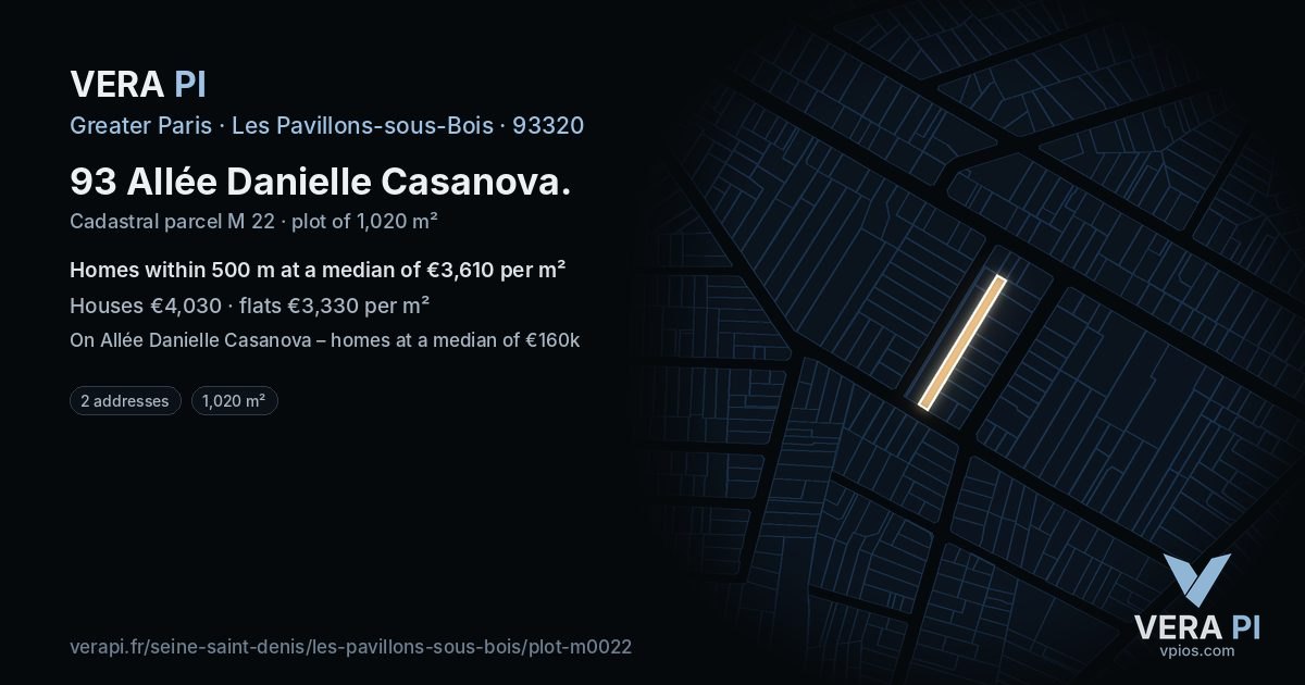 93 Allée Danielle Casanova, Les Pavillons-sous-Bois at night – the plot lit, the parcels around coloured by the prices near them