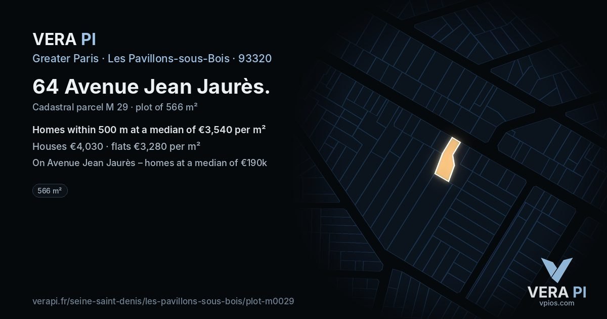 64 Avenue Jean Jaurès, Les Pavillons-sous-Bois at night – the plot lit, the parcels around coloured by the prices near them