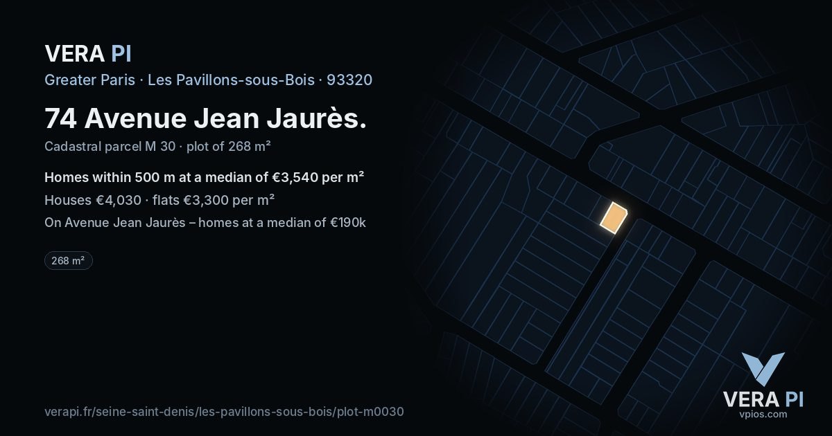 74 Avenue Jean Jaurès, Les Pavillons-sous-Bois at night – the plot lit, the parcels around coloured by the prices near them