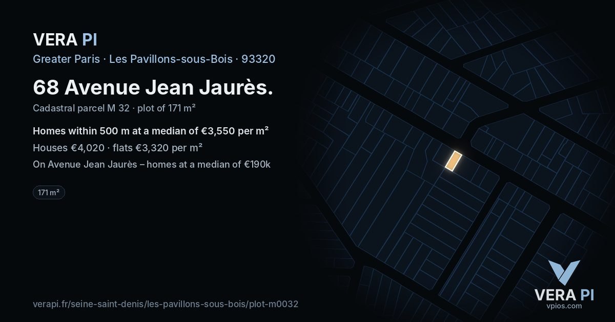 68 Avenue Jean Jaurès, Les Pavillons-sous-Bois at night – the plot lit, the parcels around coloured by the prices near them