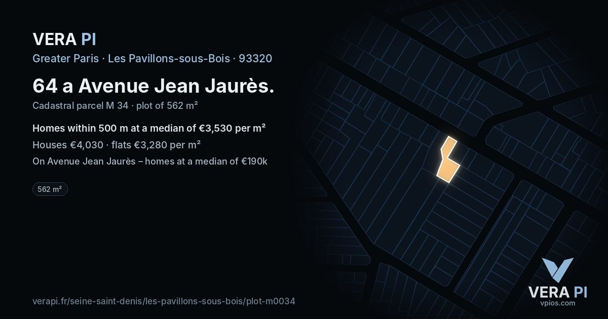 64 a Avenue Jean Jaurès, Les Pavillons-sous-Bois at night – the plot lit, the parcels around coloured by the prices near them