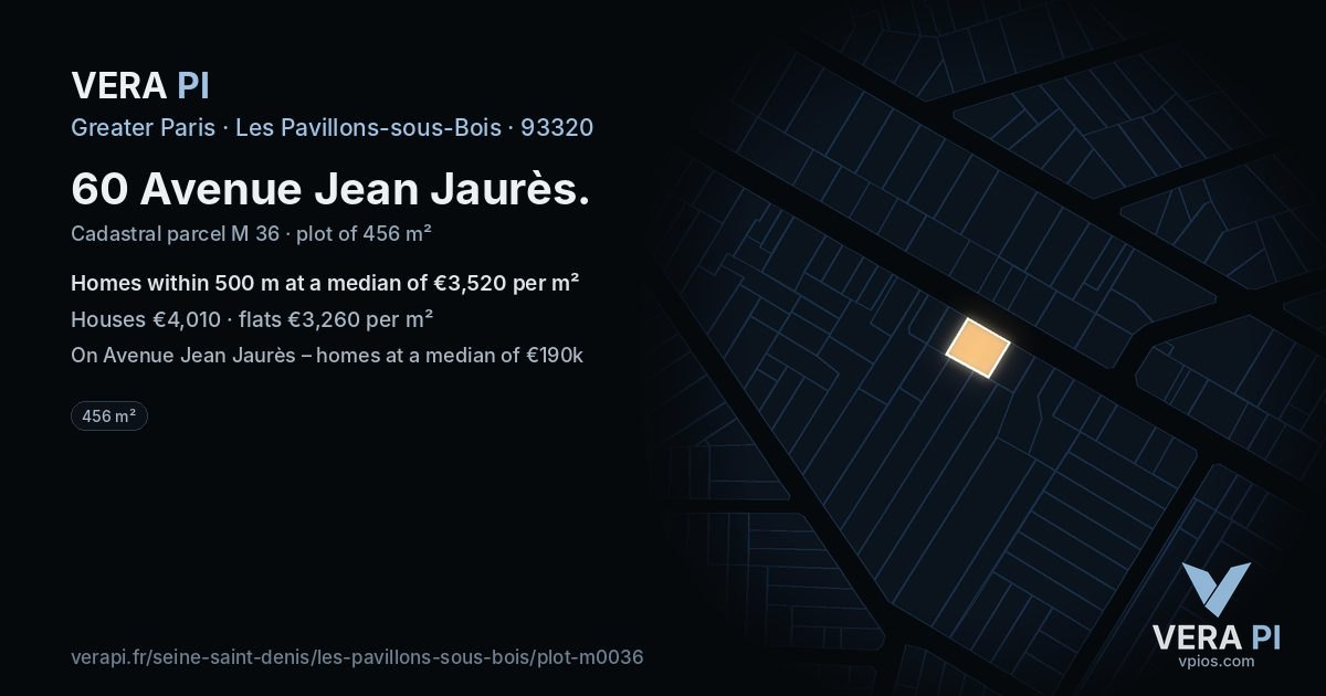 60 Avenue Jean Jaurès, Les Pavillons-sous-Bois at night – the plot lit, the parcels around coloured by the prices near them