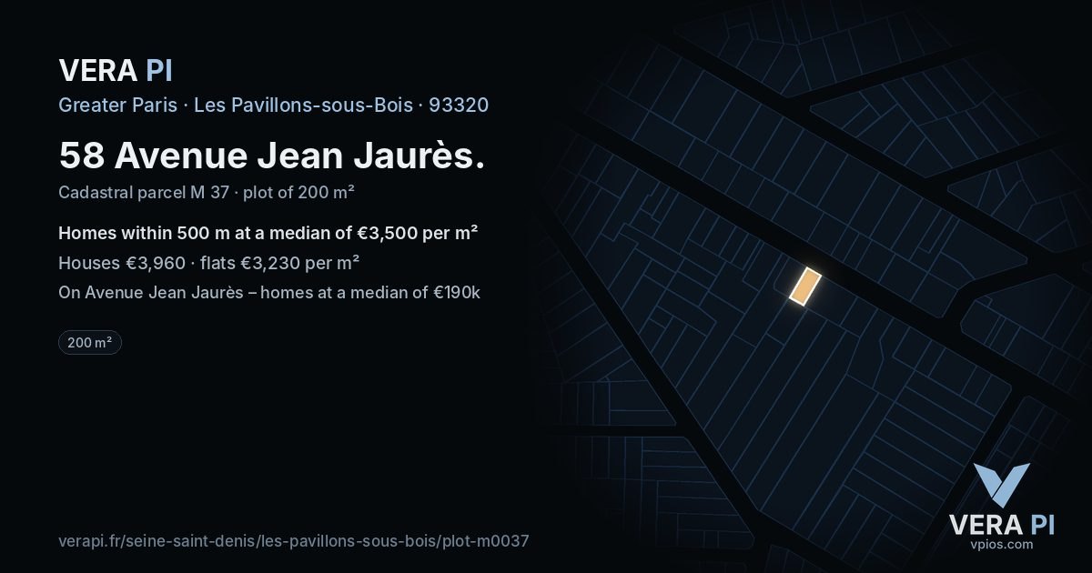 58 Avenue Jean Jaurès, Les Pavillons-sous-Bois at night – the plot lit, the parcels around coloured by the prices near them